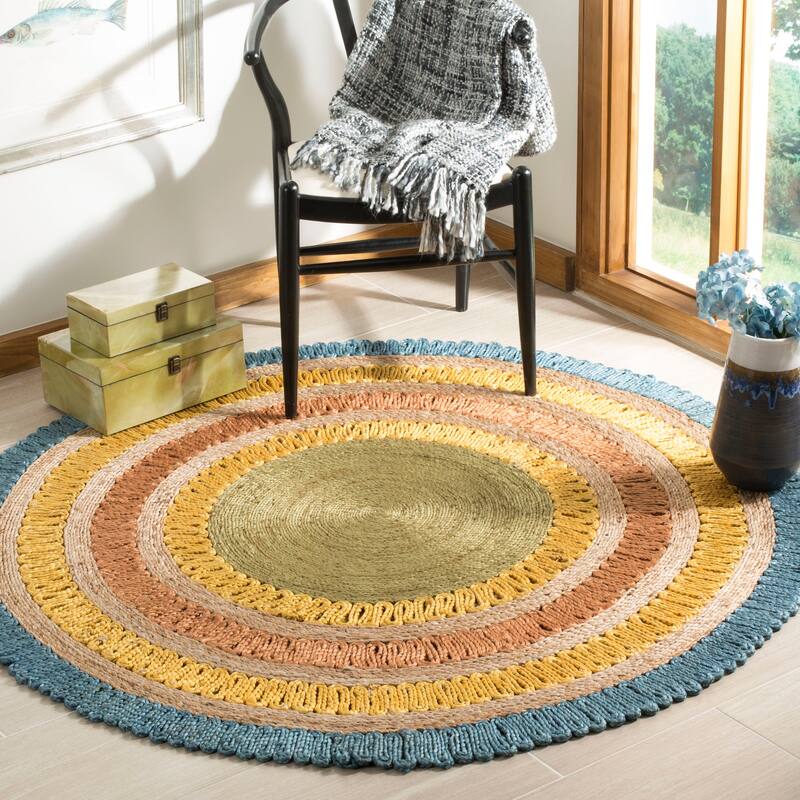 SAFAVIEH Handmade Natural Fiber Oriona Jute Rug - 7' Round - Blue/Multi
