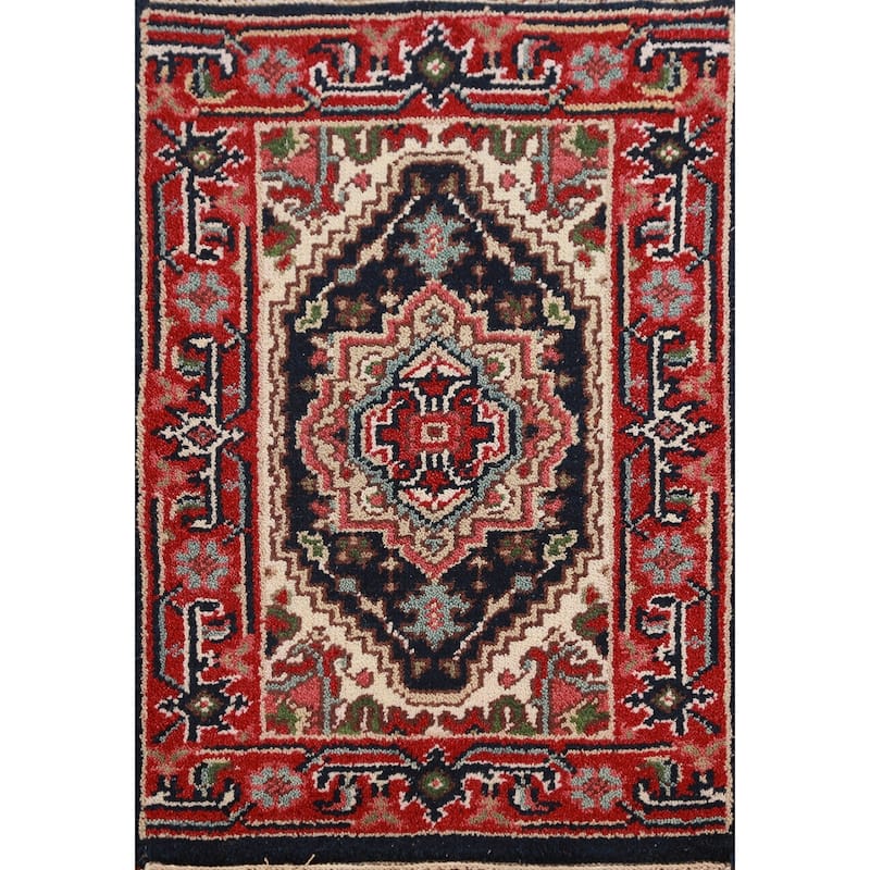 Hand Knotted Oriental 100% Wool Carpet Traditional Medallion Navy Blue & Blues Heriz (serapi) Area Rug - 3' 0'' X 2' 0''