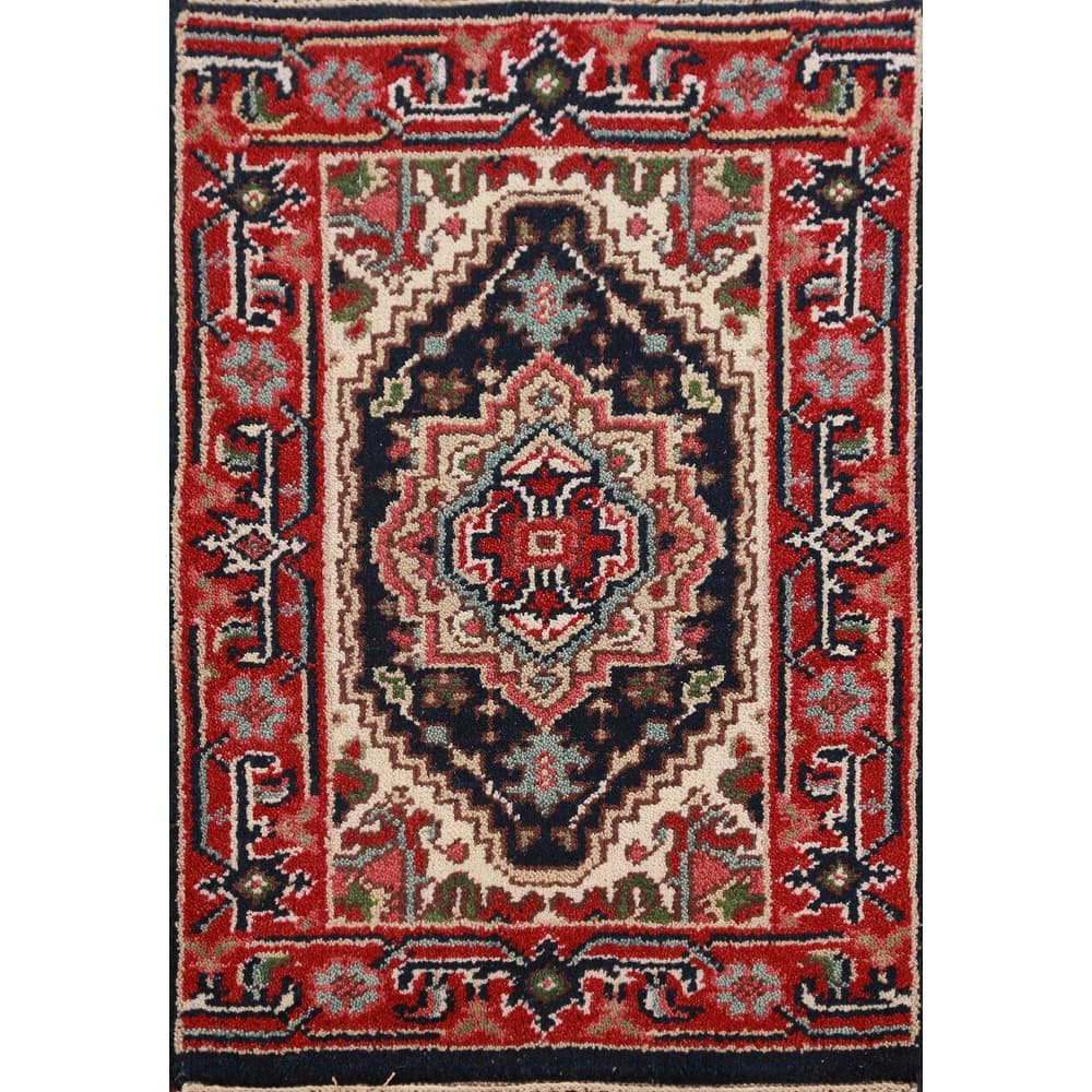 Hand Knotted Oriental 100% Wool Carpet Traditional Medallion Navy Blue & Blues Heriz (serapi) Area Rug - 3' 0'' X 2' 0''