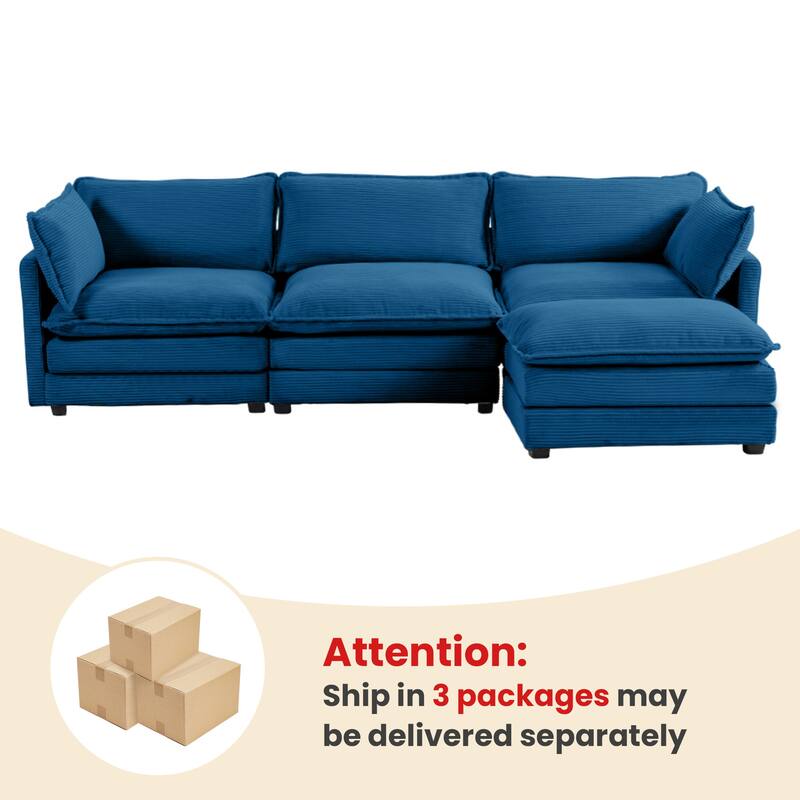3-Seat Corduroy Modular Sofa with an Independent Removable Ottoman for Living Room or Business