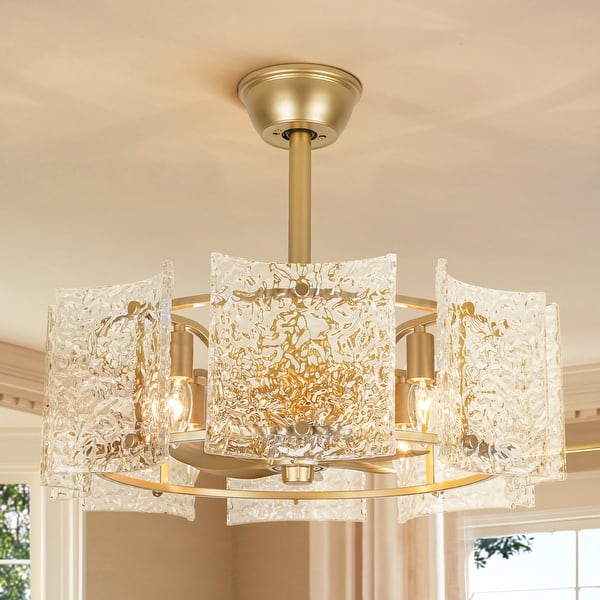 slide 2 of 14, 23.2 in. 4-Light Modern Gold Drum Ceiling Fan with Textured Glass Shade - 23.23 in. W x 7.87 in. H 23.23 in. W x 7.87 in. H - Gold - Remote