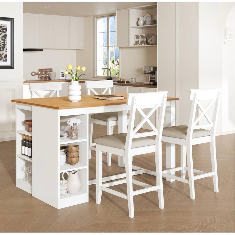 Kitchen Island Dining Table Set for 4,Farmhouse Dining Set w/3-Tier Storage Shelves，Upholstered Dining Chairs