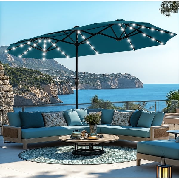 blue offset patio umbrella with solar lights MAISON ARTS 13ft Double -Sided Crank Patio Umbrella Extra Large with LED  Colorful Lights