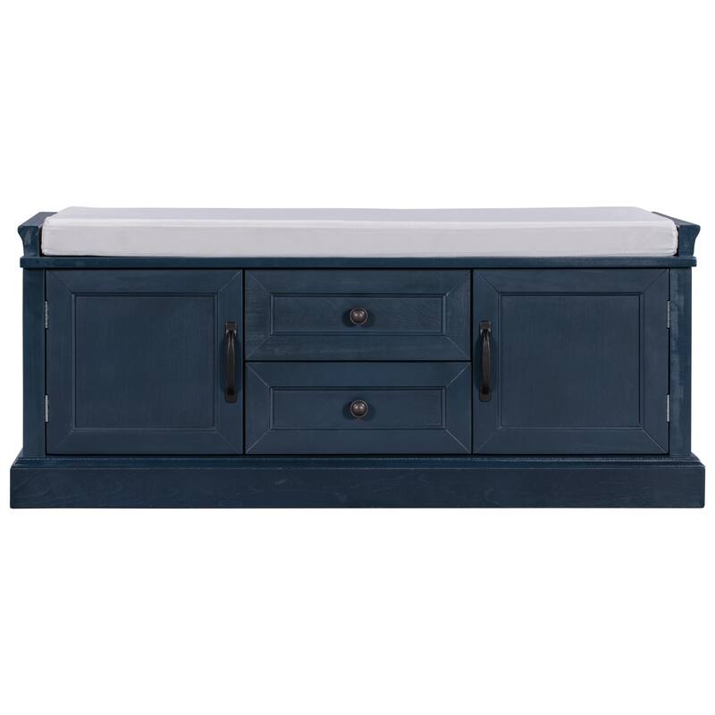 Storage Bench with 2 Drawers and 2 Cabinets, Shoe Bench with Removable Cushion for Living Room