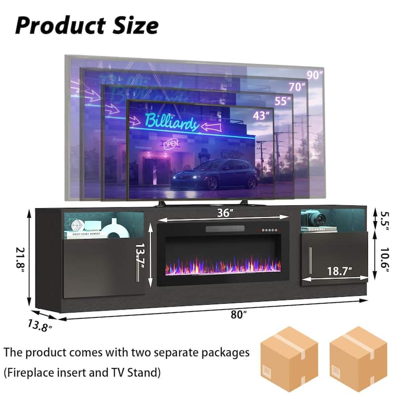 Bossin 80" Fireplace TV Stand with 36" Electric Fireplace, TV Stand for TVs Up to 90", 16 Colors LED Lights/Entertainment Center