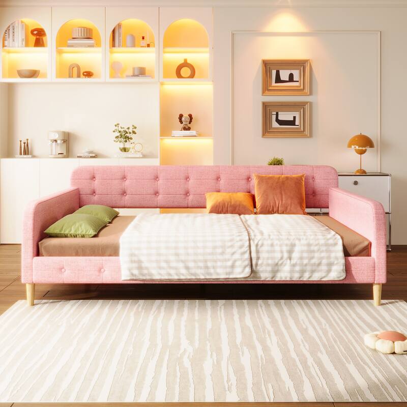 Elegant Style Linen Fabric Daybed, Upholstered Tufted Button Platform Sofa Bed Frame with 4 Solid Pine Wood Legs - Beige - Queen