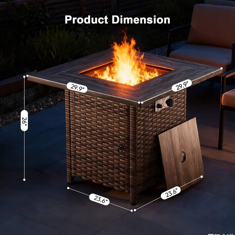 30 in. Square Brown Wicker and Metal Propane Gas Outdoor Fire Pit Table with Lava Rocks, 50000 BTU