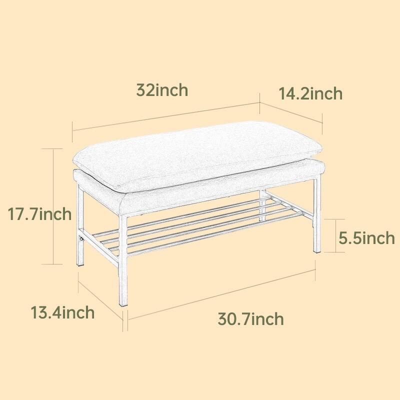 End of Bed Bench with Shelf, Linen Upholstered Storage Shoe Bench,Bedroom Bench with Metal Legs,300 LB