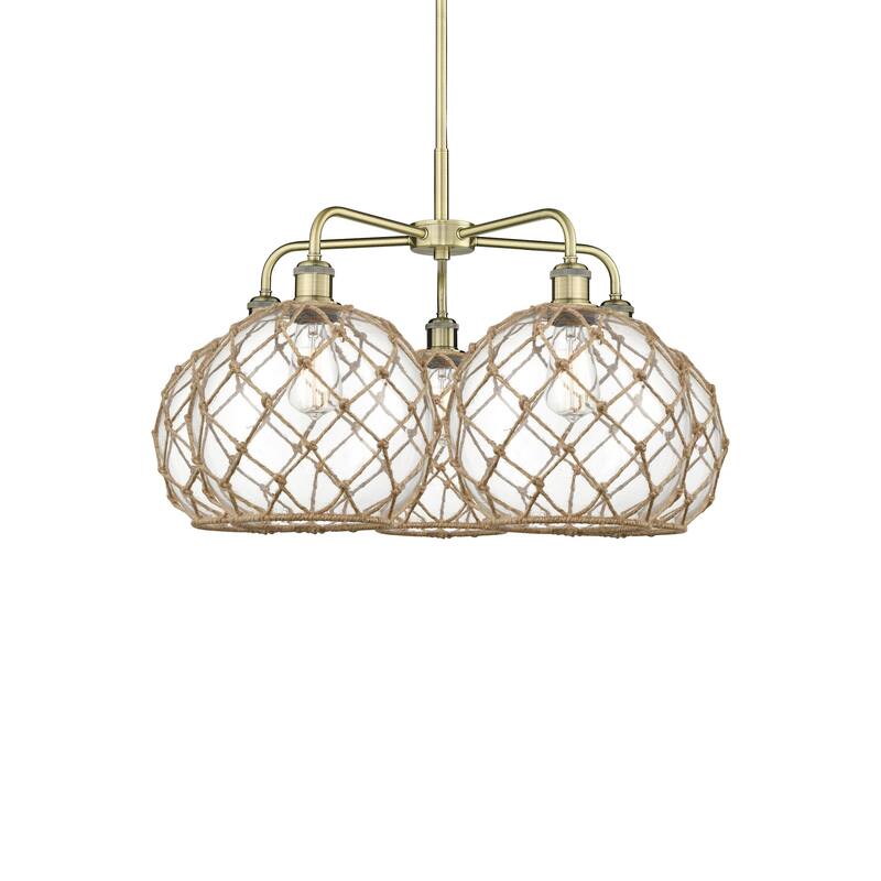 Innovations Lighting 516-5CR-18-29 Farmhouse Rope Chandelier Farmhouse - Antique Brass / Clear Glass with Brown Rope