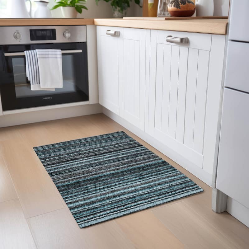 Machine Washable Indoor/ Outdoor Chantille Stripes Rug - Teal - 1'8" x 2'6"