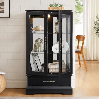 Elegant Lighted Curio Cabinet With Customizable Shelving - Two Glass Doors, Built-In Storage Drawer .