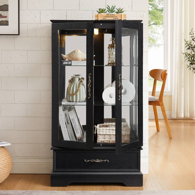 Lighted Glass Curio Cabinet with Adjustable Shelves - Elegant 2-Door Display Cabinet & Built-in Drawer, Includes Bulb - BLACK