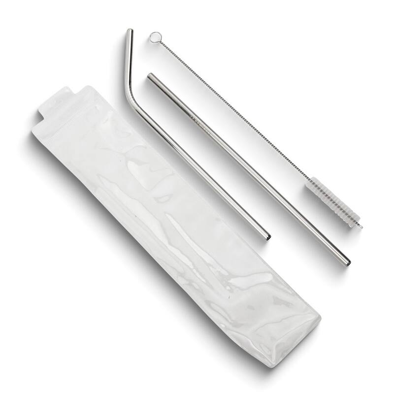 Curata Set of Two Stainless Steel Straws with Cleaning Brush and Water Resistant Pouch