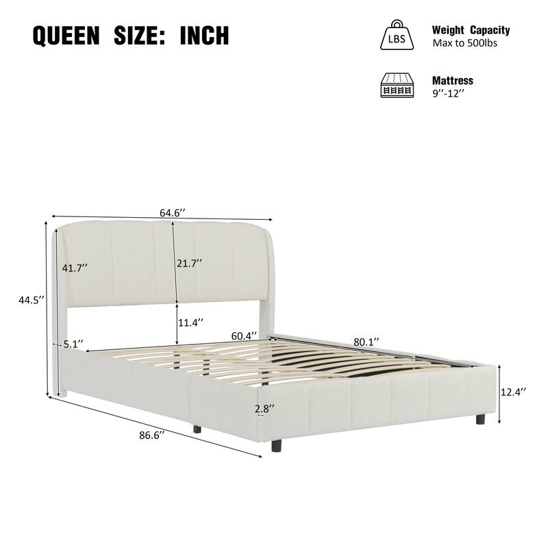 Queen Boucle Fabric Platform Bed, Soft Curved Headboard, Beige Finish, Simple Setup