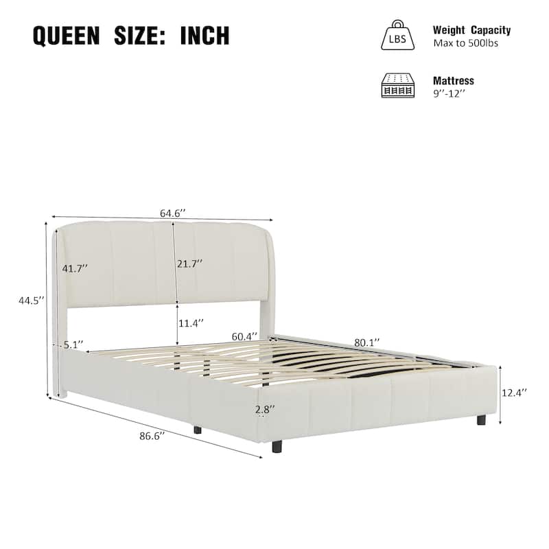 Upholstered Platform Bed w/Curve-Shaped Design Headboard, Soft Boucle Fabric Bed Frame, Wood Slats Support, Easy Assembly, Beige