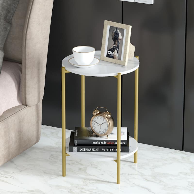 Round Faux Stone End Table with Storage with Gold Metal Legs