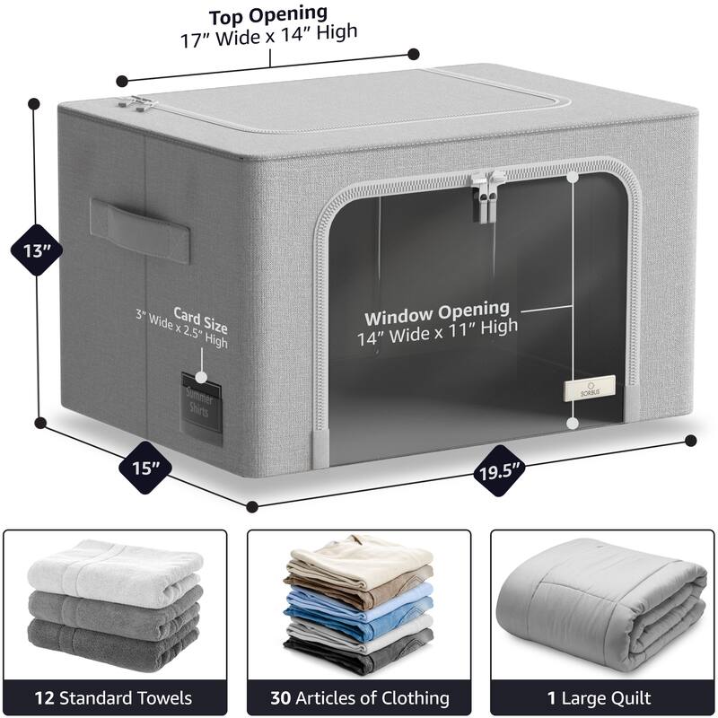 Sorbus Storage Bins with Metal Frame Stackable Foldable Clothes Organizer Bags Oxford Fabric With Clear Window & Handles- 4Pk
