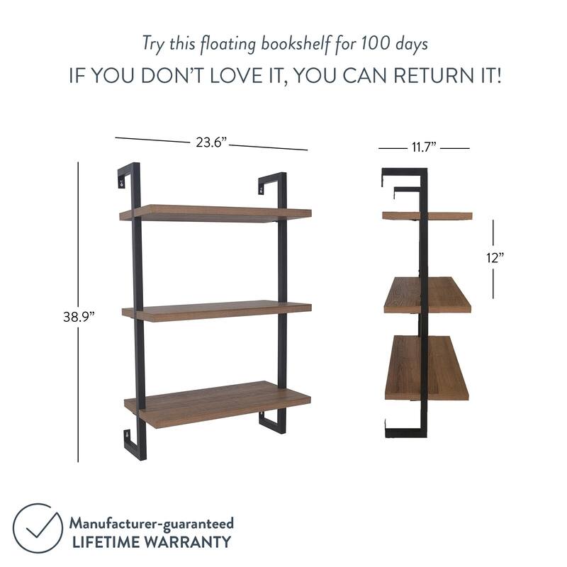 Nathan James Theo 3-Shelf Bookcase Floating Wall Mount Wood with Metal Frame