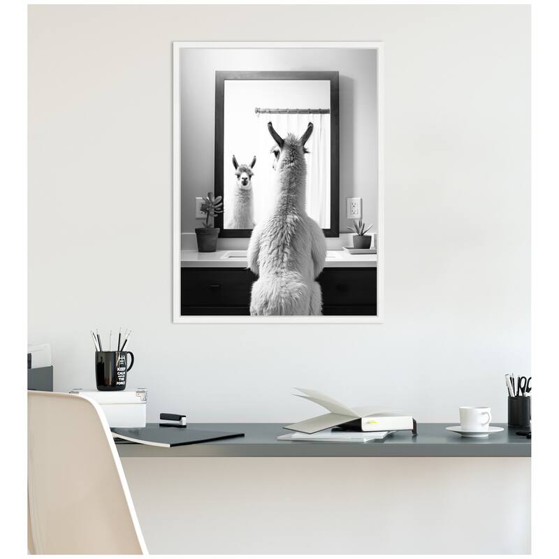 Kate and Laurel Sylvie Llama Bathroom Art Mirror Black and White Framed Canvas by The Creative Bunch Studio