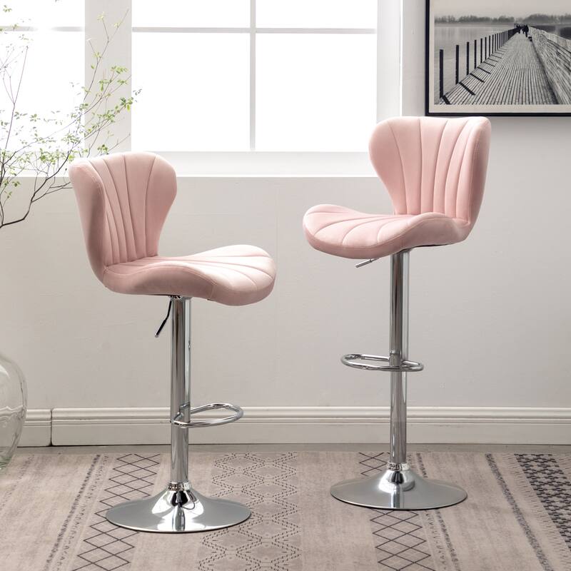 Set of 2 Adjustable Swivel Barstools with Upholstered Bucket Seats and Chrome Footrest. - Pink