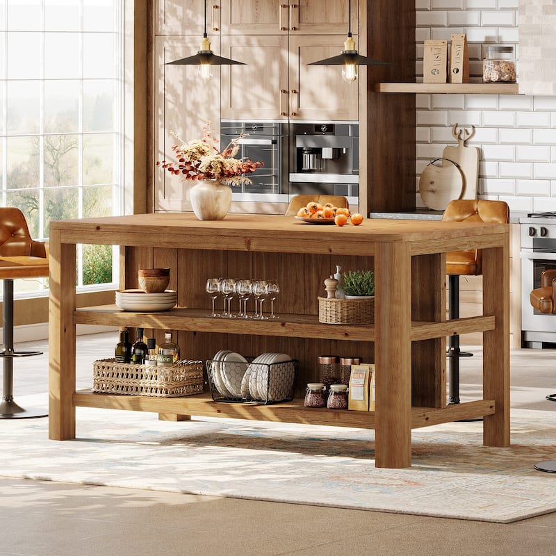 63 Inch Solid Wood Kitchen Island Table with Storage Shelves ...