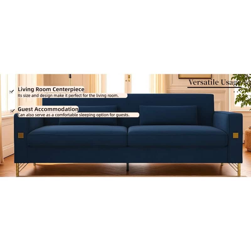 Roomfitters Mid-Century Modern Upholstered Sofa with Gold Metal Legs and Square Arms, Elegant Couch for Living Room