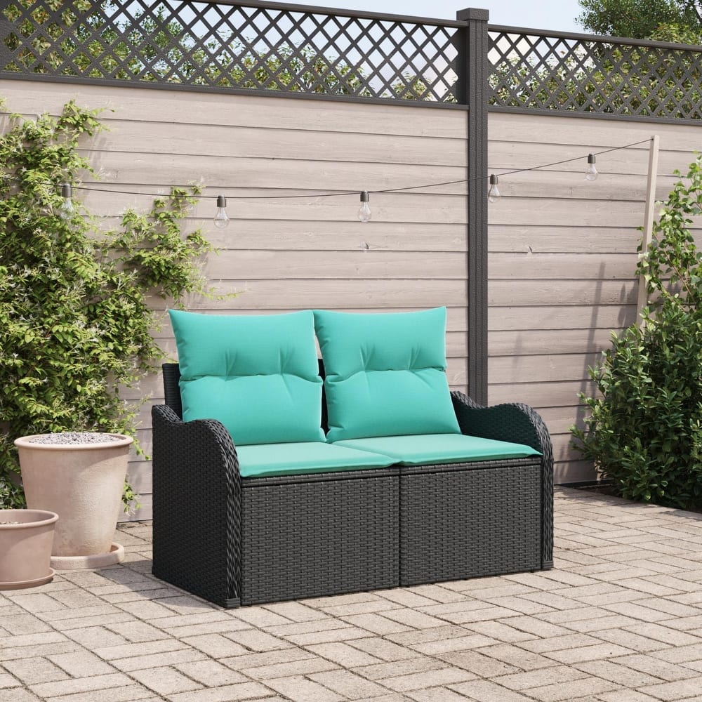 vidaXL 2-Seater Garden Sofa with Cushions Black/Brown/Grey Poly Rattan - 24.4 x 47.6 x 27.2