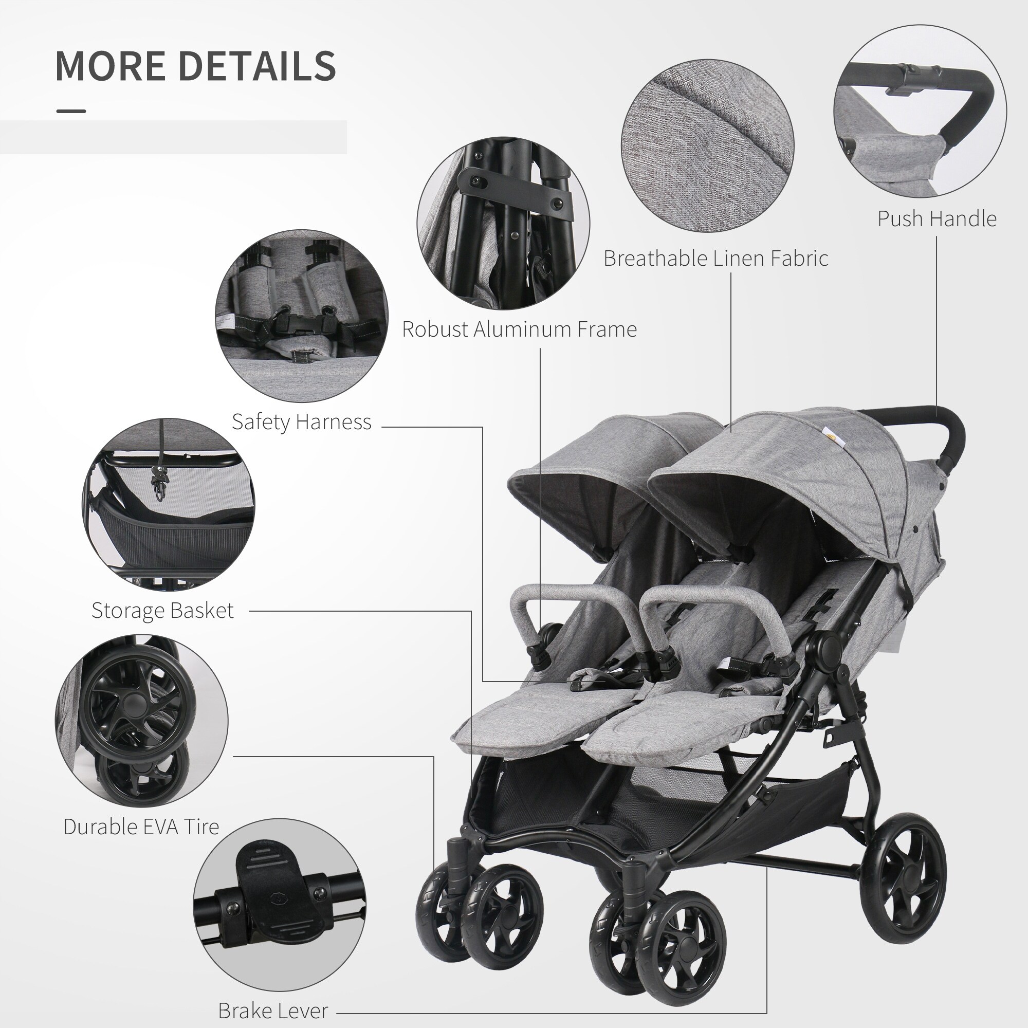 Qaba Double Baby Stroller with Adjustable Backrest Canopy and