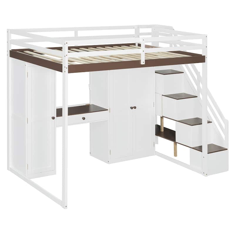 Full Size Loft Bed with Storage Staircase, Built-in Dressing Table, Mirror & Wardrobe - USB Charging & Lights