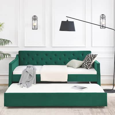 Green Velvet Upholstered Tufted Sofa Bed Twin Size Daybed with Trundle and Curved Arms for Living Room, Guest Room
