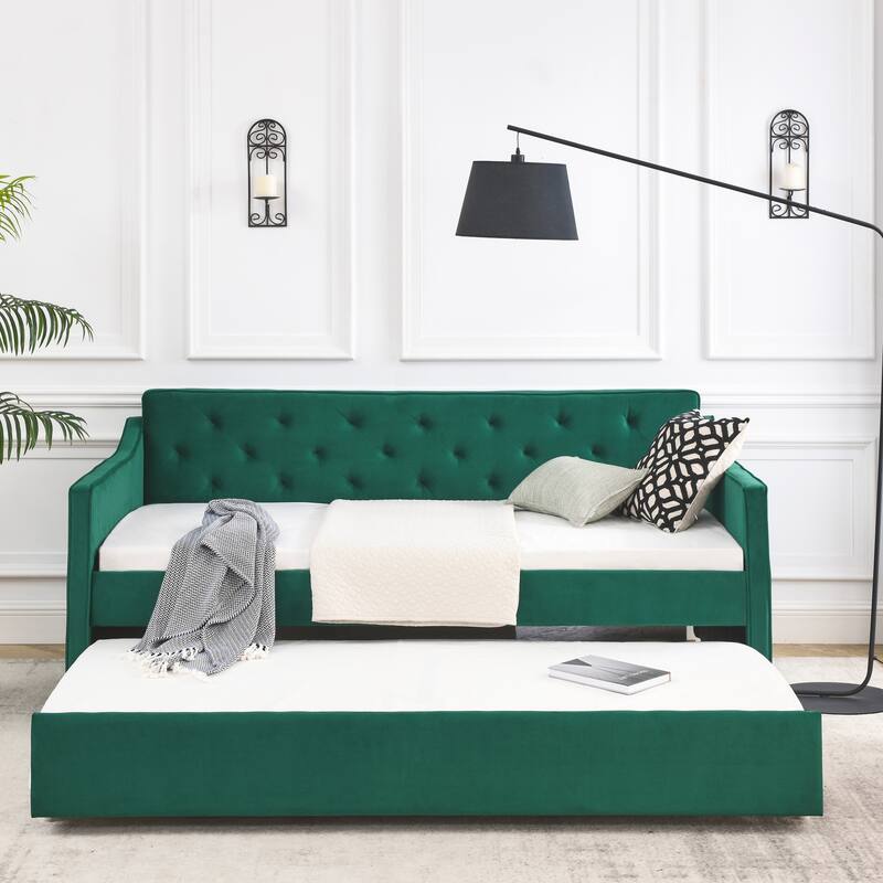 Twin Size Tufted Upholstered Daybed w/ Twin Size Trundle & Waved Shape Arms Sofa Bed, Beige