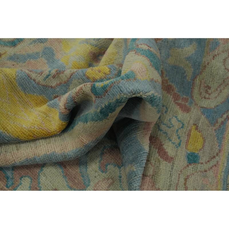 Handmade Blue Floral Oushak Vegetable Dye Area Rug, Medallion Carpet - 9' 9'' X 8' 2''