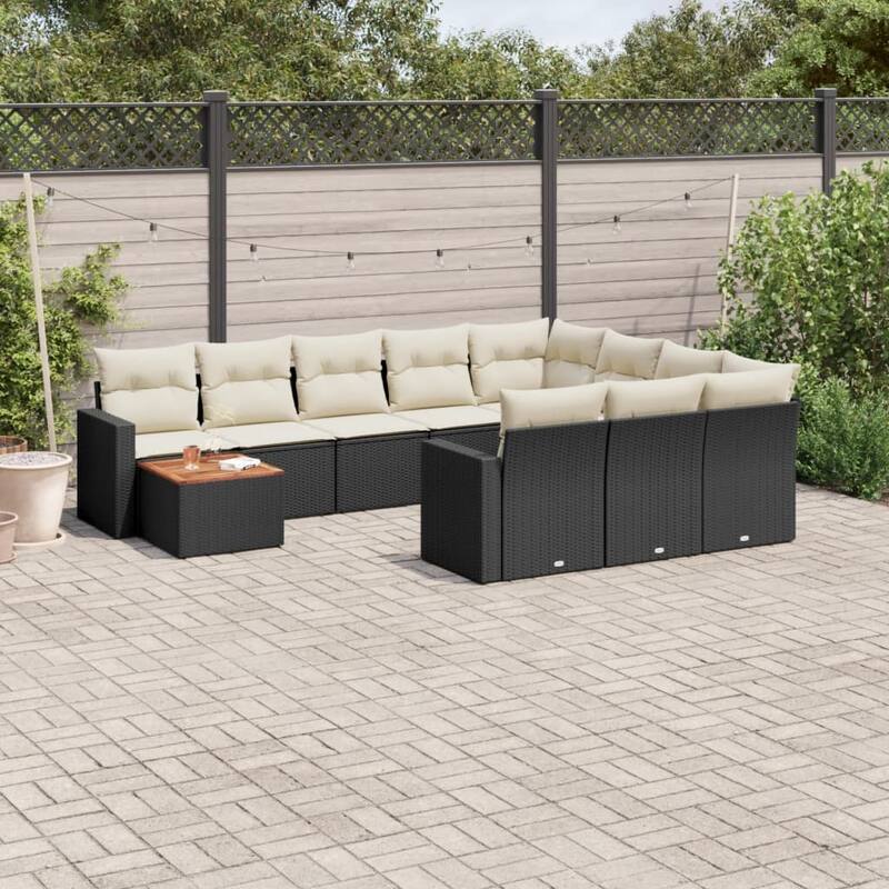 vidaXL Patio Sofa Set with Cushions Outdoor Furniture 11 Piece Poly Rattan - Black and Cream Table + 2x corner + 6x middle - 24.4 x 25.8 x 27.2