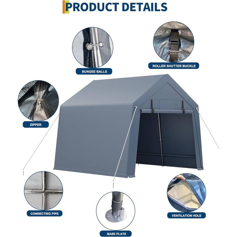 Outdoor Storage Shed, Portable Carport with Roll-Up Ventilated Zipper Door and Windows, Heavy Duty Waterproof Tarp