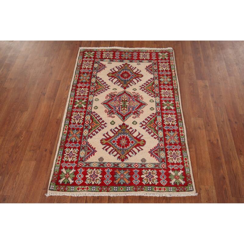 Ivory Kazak Oriental Accent Rug Hand-Knotted Wool Carpet - 2'7" x 3'11"