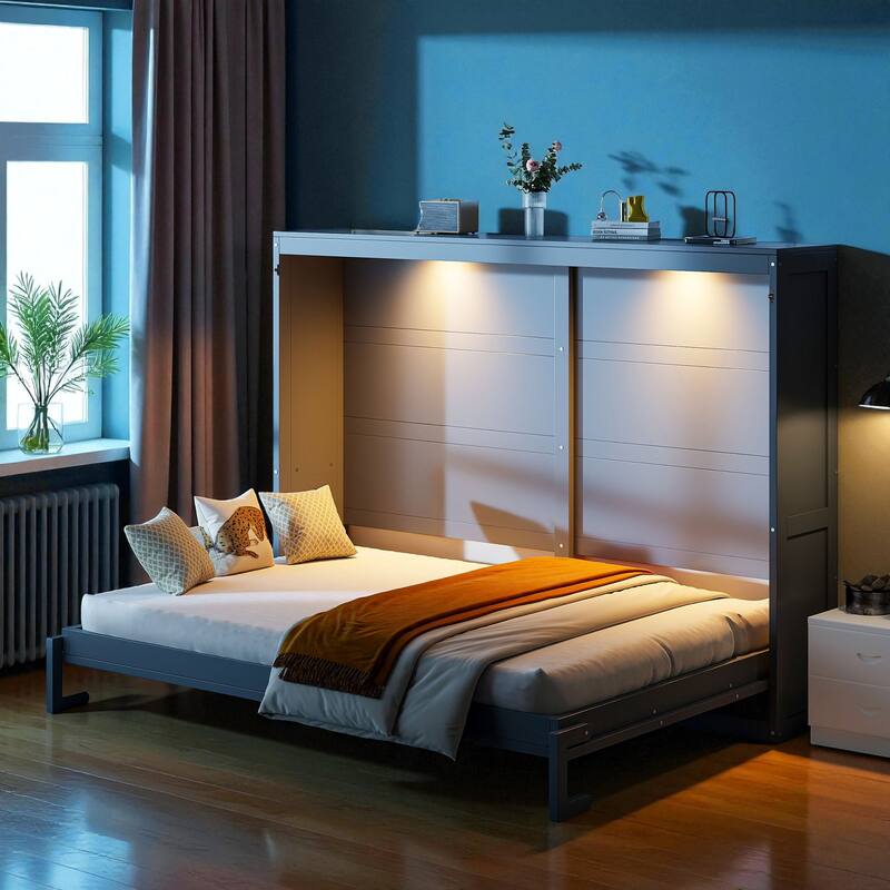 Modern Queen Size Murphy Bed with LED Lights, Wall Bed Cabinet with Wooden Slats, Space-Saving Foldable Design