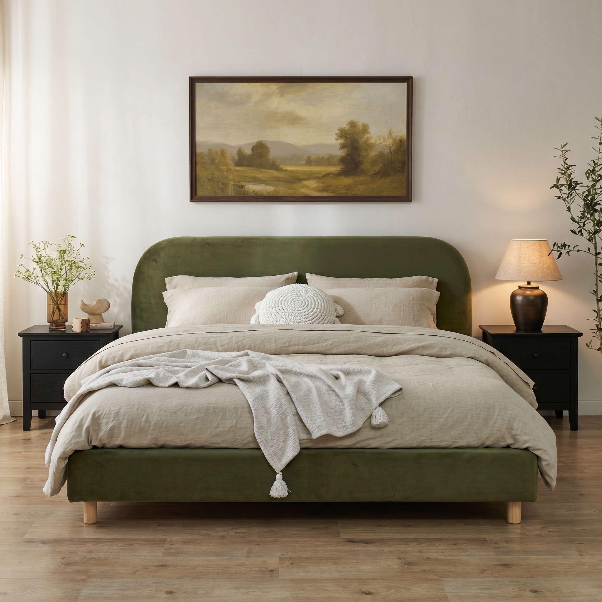 California King Size Upholstered Bed Frame with Velvet Fabric and Curved Headboard