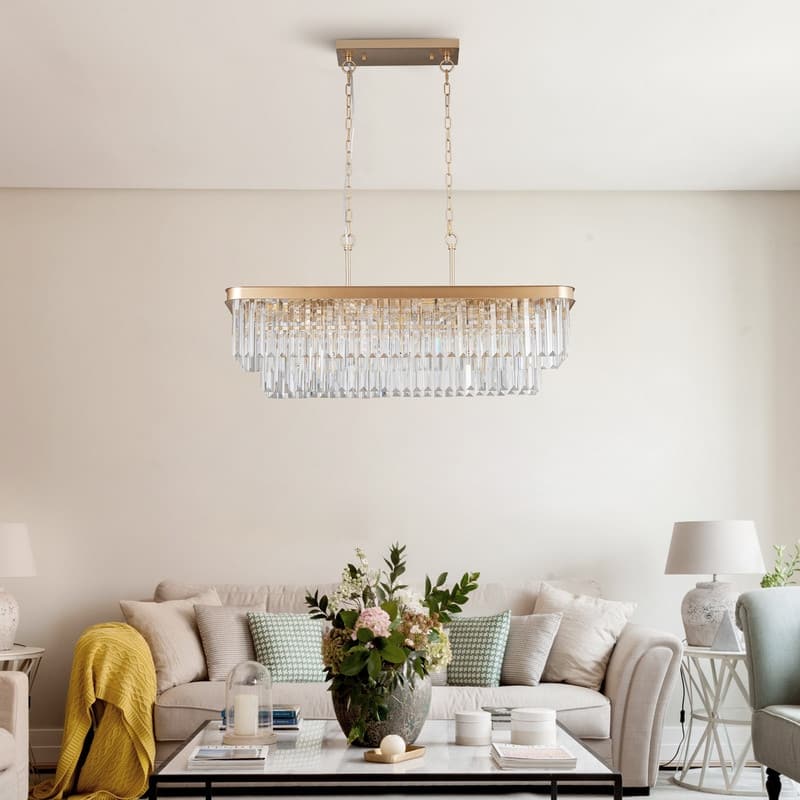 Adjustable Rectangular Crystal Chandelier - E12 Modern Industrial Farmhouse Ceiling Light with Iron Frame (Bulbs Not Included)