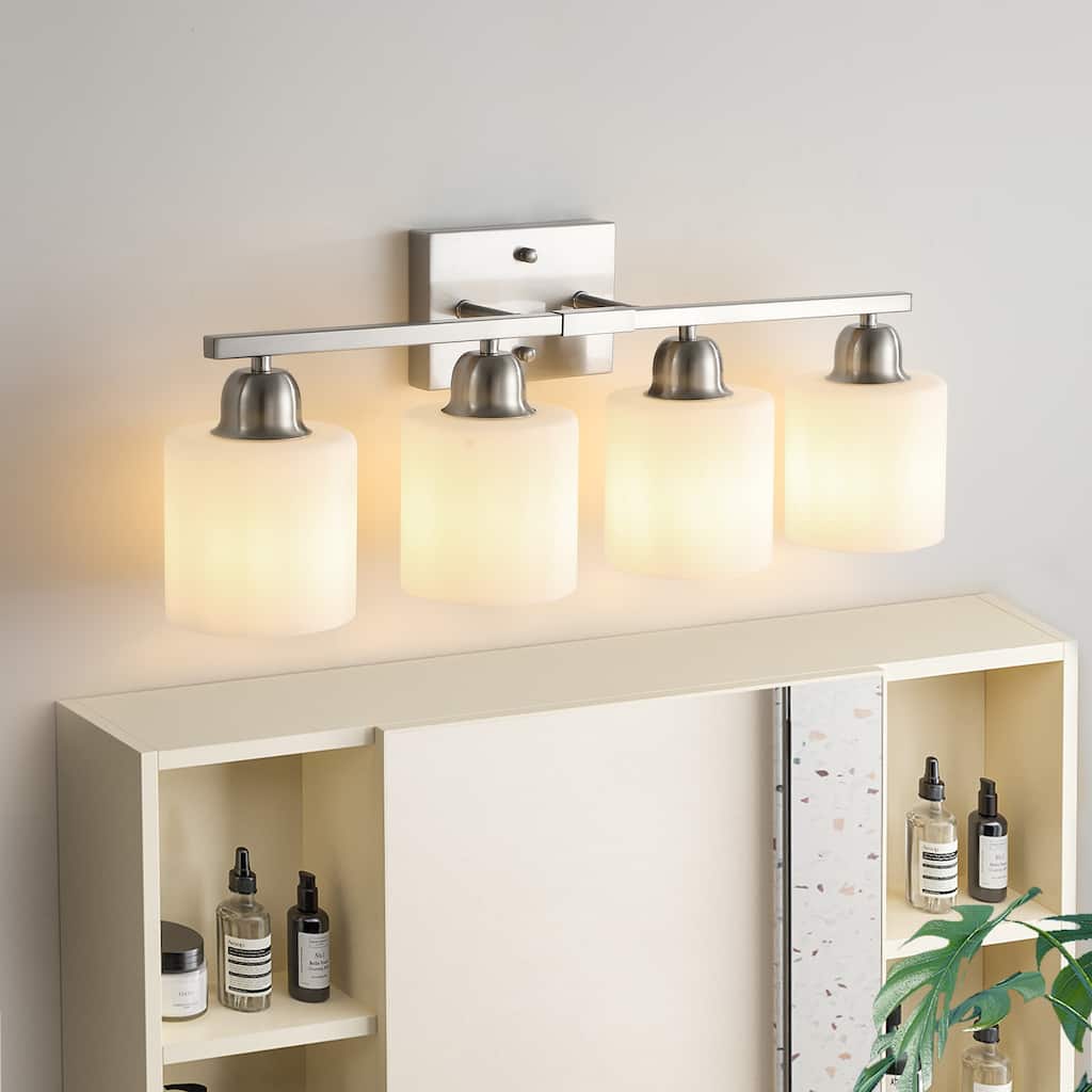 4-Light Brushed Nickel Bathroom Vanity - Milky Frosted Glass - E26 Socket