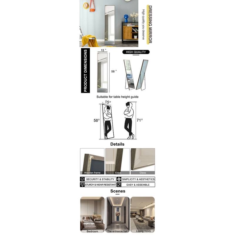 3rd generation solid wood frame full length mirror,floor mounted large mirror, wall mounted. 58 "* 15"