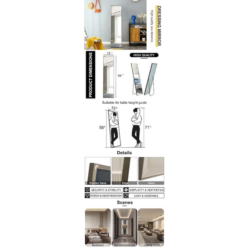 Roomfitters Full Length Mirror with Gray Solid Wood Frame, 58"x15" Dressing or Wall Mounted Decorative Mirror, Gray