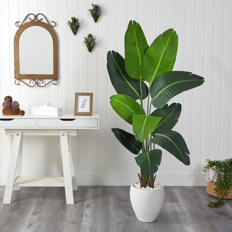 5.5ft Travelers Palm Artificial Tree in White Planter with Variegated Palm Fronds and River Rocks for Home or Office