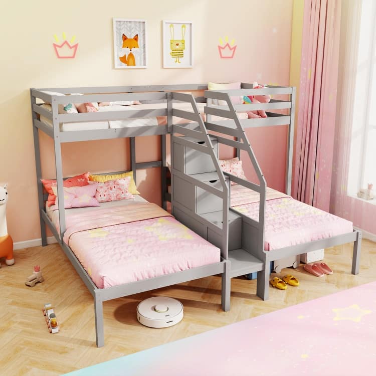 Bunk Bed for 3 Kids, Twin Over Twin with Storage Staircase and Safety Guardrails