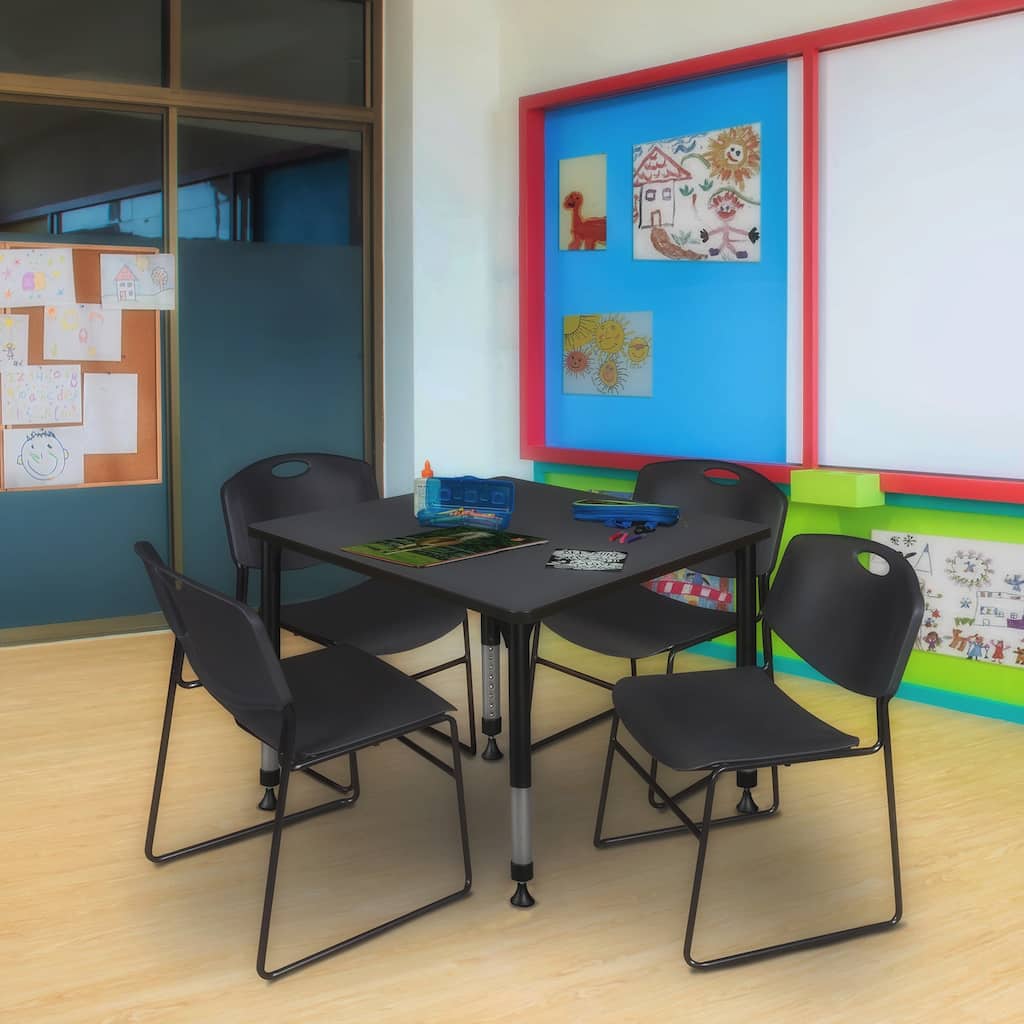 36 in. Square Height Adjustable Classroom Table - Grey & 4 Stack Chairs- Black