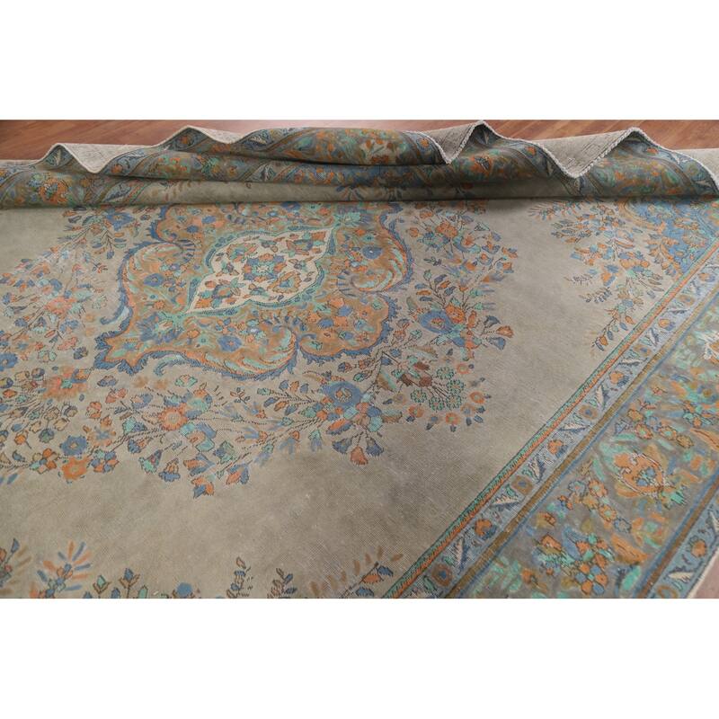 Hand Knotted Oriental 100% Wool Carpet Traditional Medallion Green Tabriz Area Rug - 12' 7'' X 9' 7''