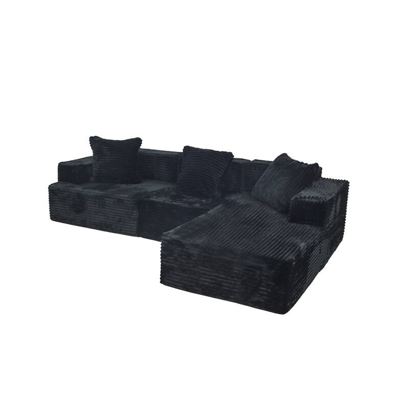 Compression Sectional Sofa with L Shape Chaise, Corduroy Deep Seat Boneless Couches, Modular 3 Seat Corner Sofa