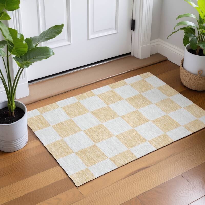 Machine Washable Indoor/ Outdoor Modern Checker Chantille Rug