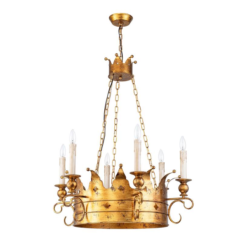 6-Light Luxury Retro Antique Gold Crown Metal Hanging Light Chandelier for Hallways,Living Room