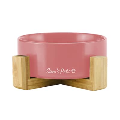 Coco Single Pet Bowl with Wood Stand 5.11'' in Pink - 6.3