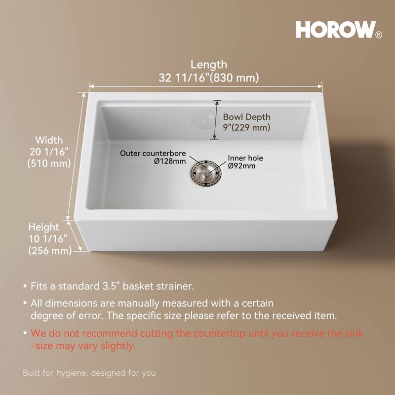 HOROW 33 in. Farmhouse Single Bowl White Ceramic Kitchen Sink with Front Apron, Workstation, Bottom Grid and Strainer